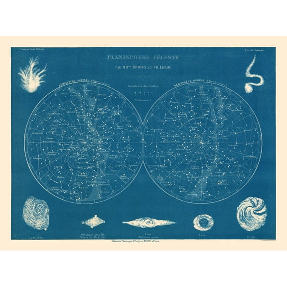 Historic Map - Celestial Planisphere - Drioux 1882 - 30.69 x 23 - Vintage Wall Art