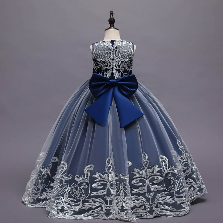 Flower Girl Dress Girl Lace Dress Wedding Bridesmaid Pageant Party Long Maxi Gown Crew Neck Sleeveless Sequin Bowknot Puffy Tulle Dresses Girls Dresses Summer Dress Dark Blue 3 4 Years Walmart