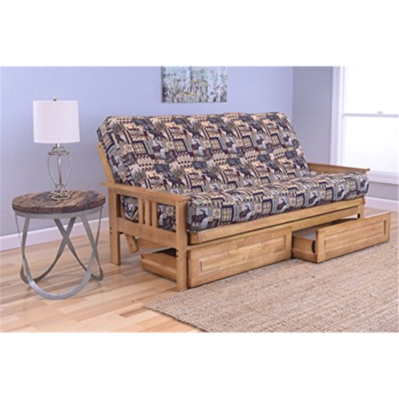 French Country Full Futon Frame Set with Mattress and Storage Drawers, Classic Foldable Hardwood Frame, Easily Converts To Bed