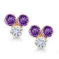 thumbnail image 2 of Gem Stone King 14K Yellow Gold Purple Amethyst and White Moissanite Three Stone Stud Earrings for Women (0.60 Cttw, Gemstone February Birthstone, Round 3MM), 2 of 4