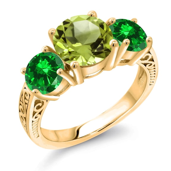 Gem Stone King 18K Yellow Gold Plated Silver Green Peridot and Green Created Emerald Engagement Ring for Women | 4.07 Cttw | Round 8MM | Gemstone August Birthstone | Size 5