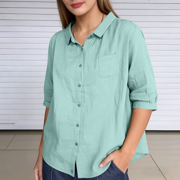 ClodeEU Women's 3/4 Sleeve Button Down Lapel Shirt,Casual Solid Color Blouse Green,Women's Plus L