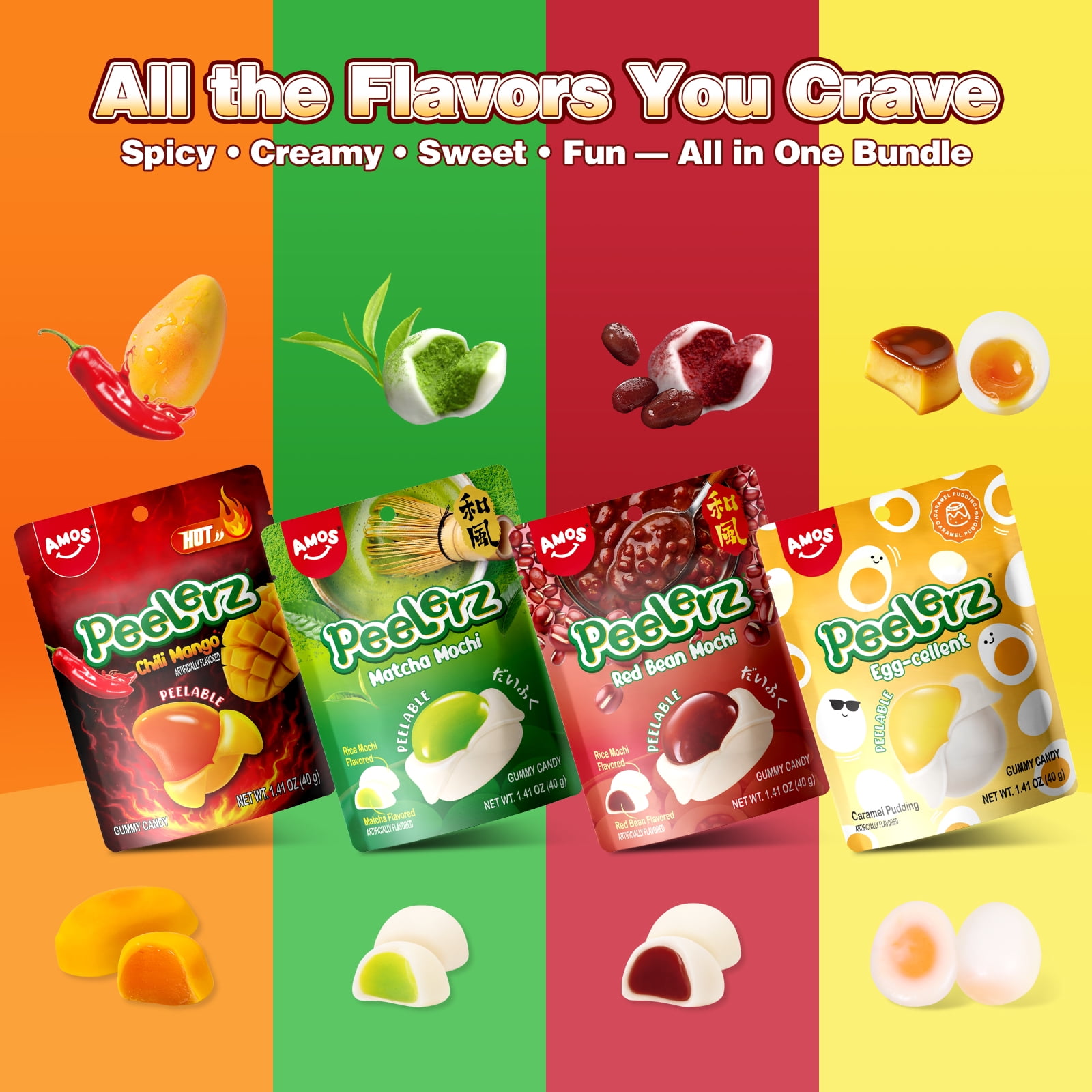 Amos Peelerz Gummy Candy Variety Packs, Matcha Mochi Gummy Candy