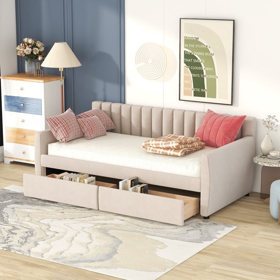Royard Oaktree Upholstered Twin Size Daybed with Drawers, Soft Velvet Sofa Bed Frame with Storage