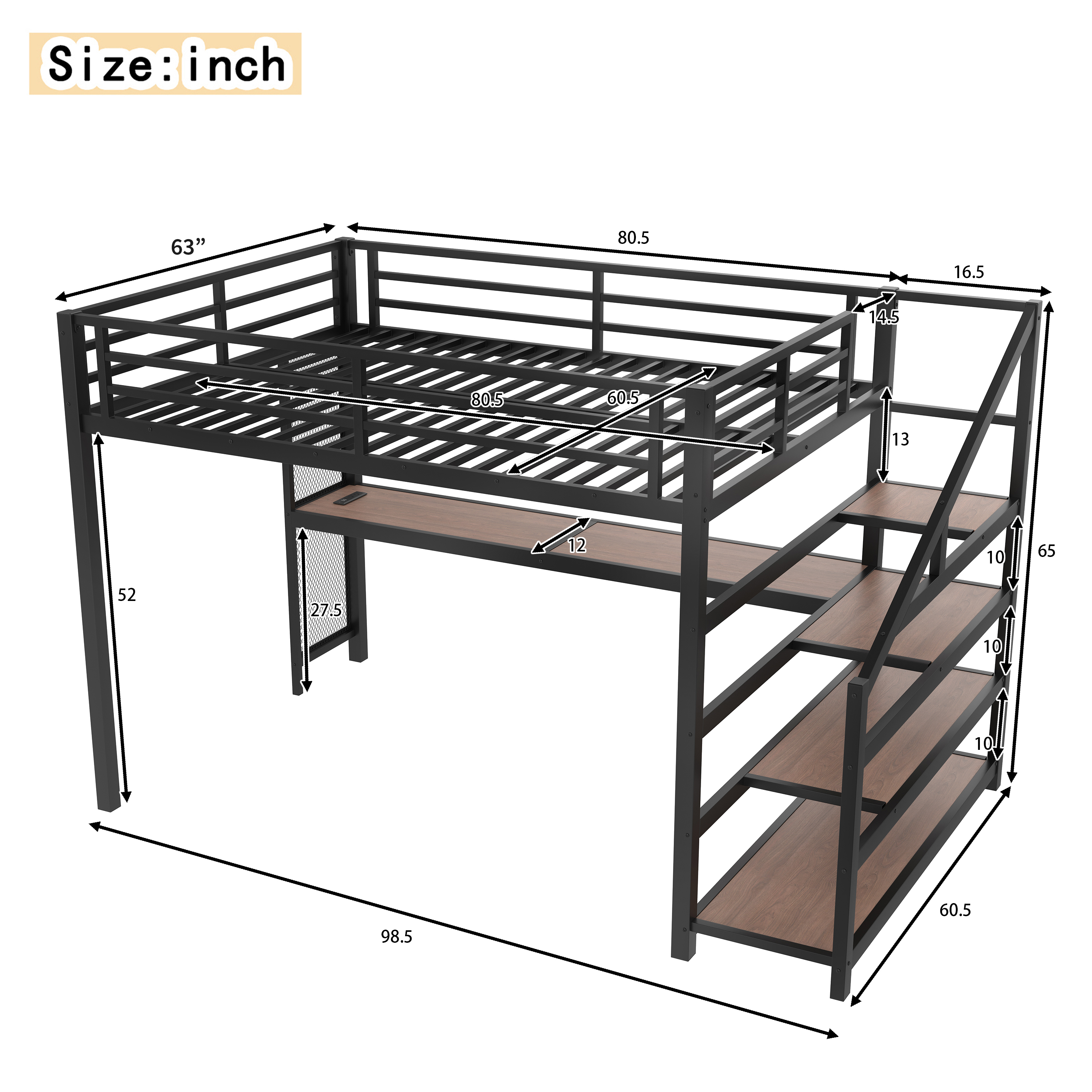 Mintazer Queen Loft Bed with LED Light & Desk and Charging Ports, Metal Loft Bed with Storage Shelves Stairs for Bedroom Playroom Game Room, Black