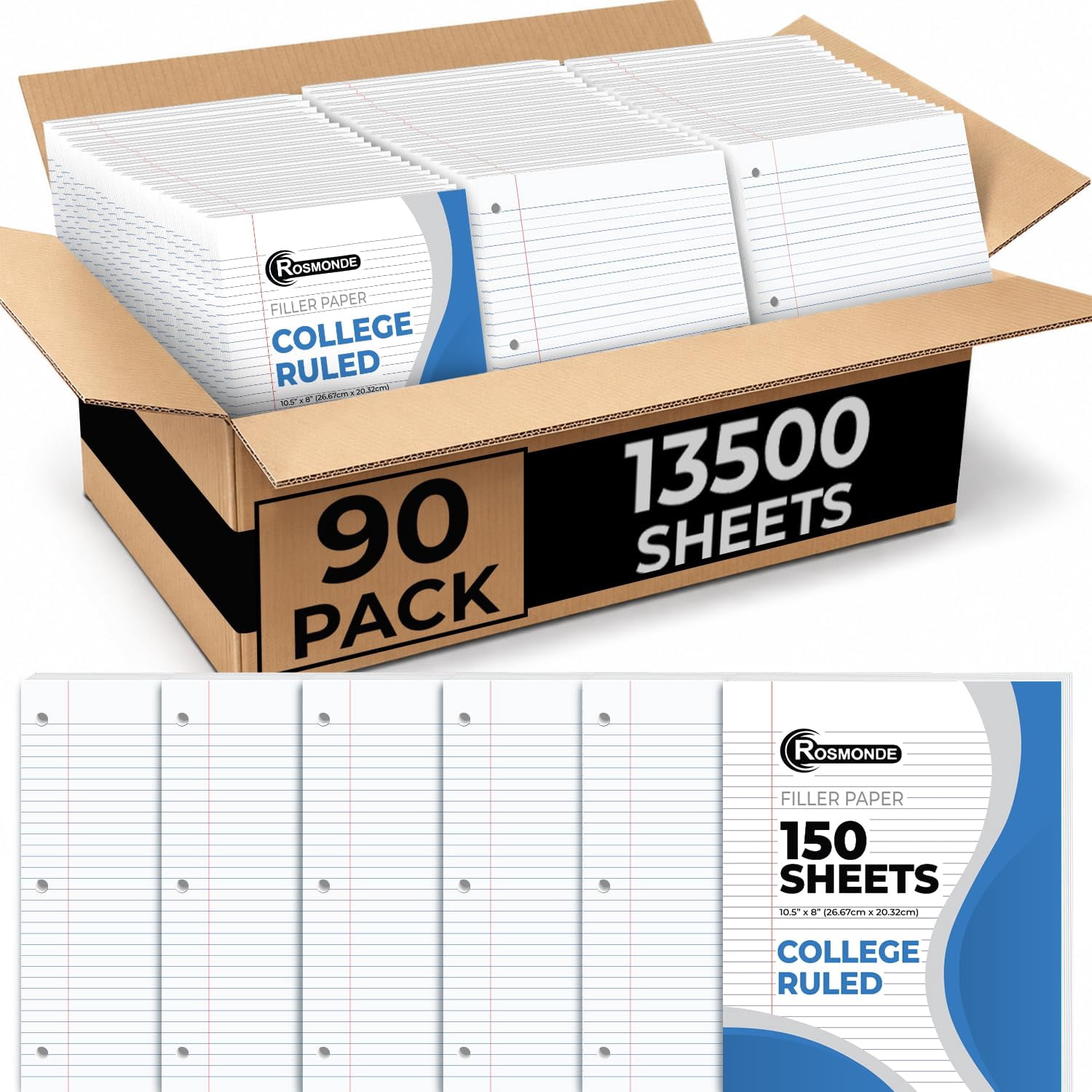Rosmonde Loose Leaf Paper Bulk, 6750 Sheets, 90 Pack, College Ruled, 8 x 10.5", 150 Sheets/Pack, 3-Hole Punched, Bulk Filler Paper, Fits Standard Binders, White