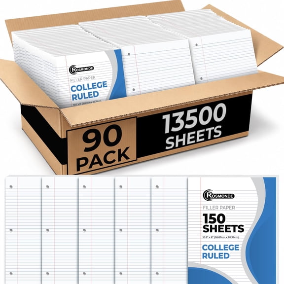 Rosmonde Loose Leaf Paper Bulk, 6750 Sheets, 90 Pack, College Ruled, 8 x 10.5", 150 Sheets/Pack, 3-Hole Punched, Bulk Filler Paper, Fits Standard Binders, White