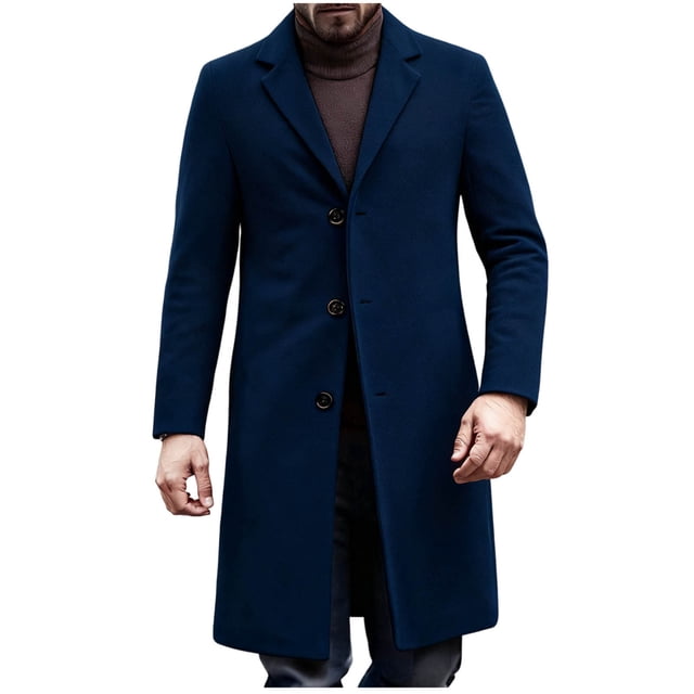 Lovzfmll Men's Wool Trench Coat Notched Lapel Button Front Pockets Long Navy, M