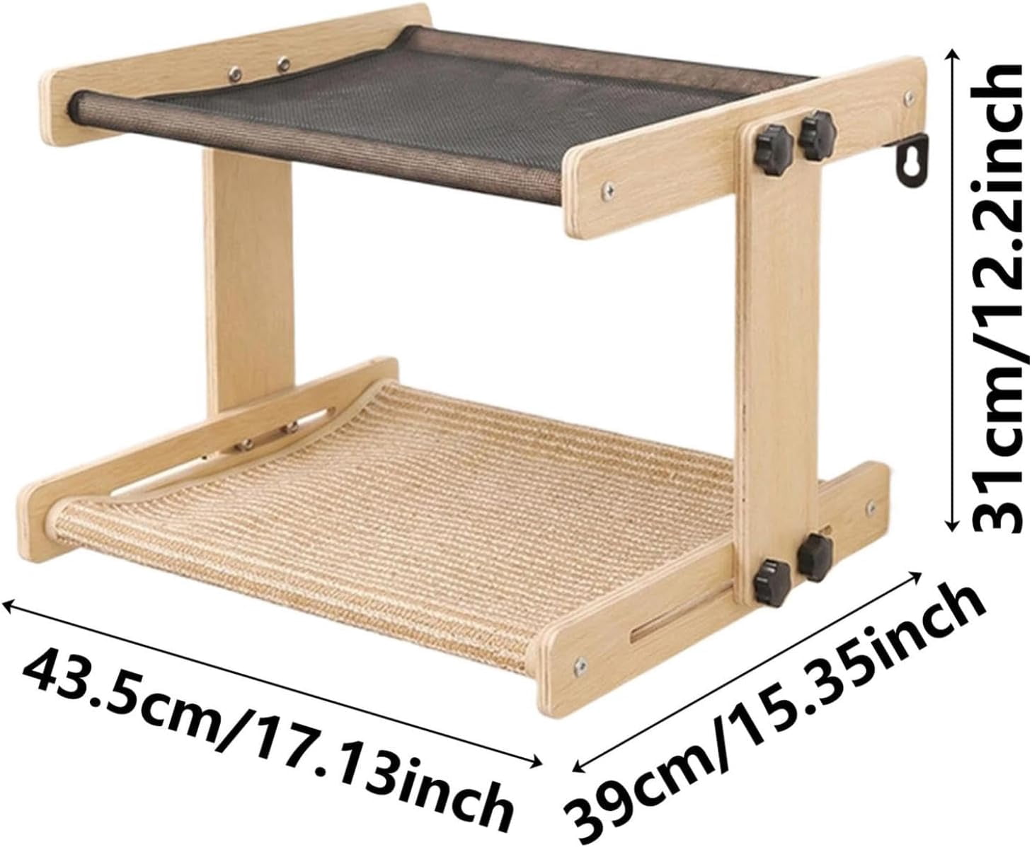 2-Tier Cat Window Perchs, Floating Wooden Hammocks, Elevated Cats Hammocks with Breathable Fabrics & Scratching Board, Sturdy Cats Bed Furniture for Indoor Multis-Cat Households