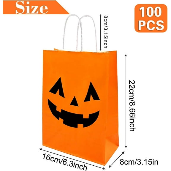100 Pieces Halloween Pumpkin Gift Bags Trick or Treat Kraft Paper  Goodie Bags with Handle for Party Favors