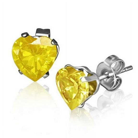 Stainless Steel Yellow Citrine-Tone CZ Love Heart-Shaped Stud Earrings