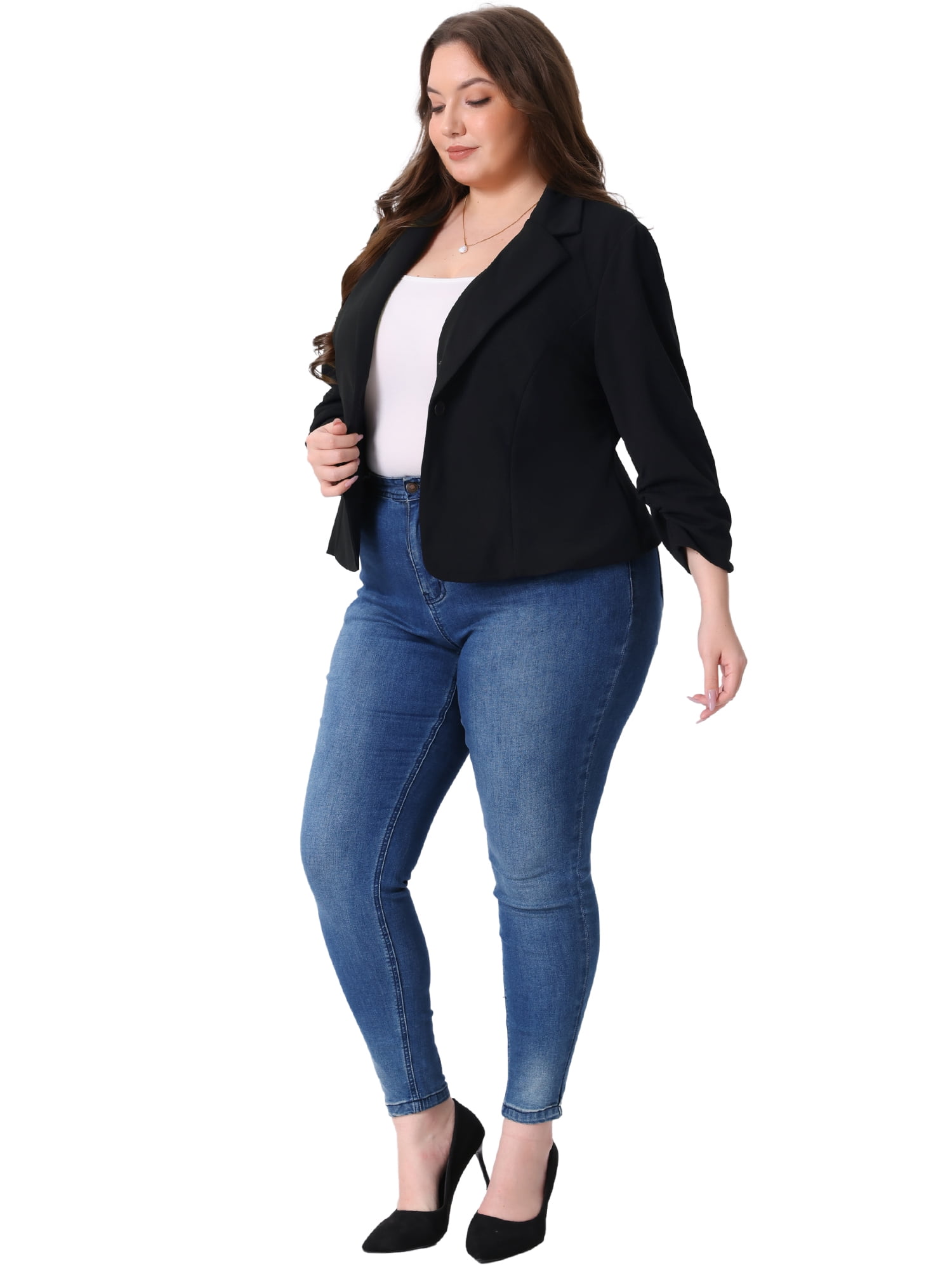 DARING DIVA Women's Plus Ruched 3/4 Sleeve Notch Lapel Blazer Jacket Black 1X