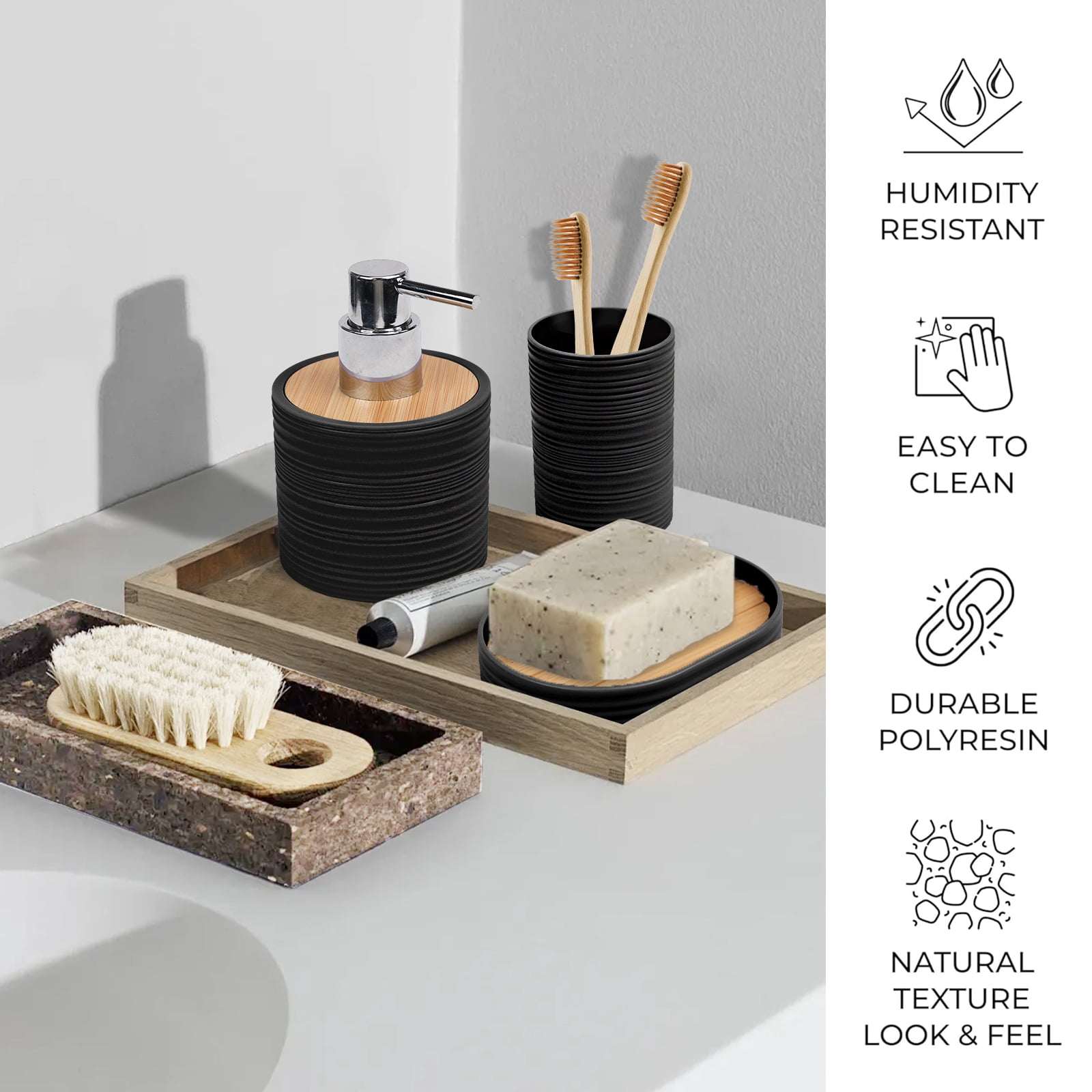 CERBIOR 4PC Bathroom Accessories Set, Black Marble Ensemble with Soap Dispenser, Toothbrush Holder, Toothbrush Cup, Soap Dish