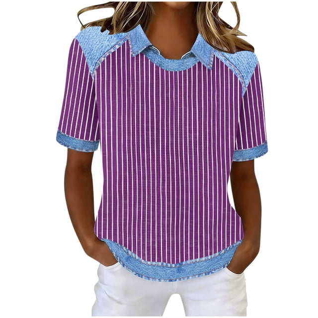 Tops de Manga Corta para las Mujeres Camiseta Suelta de Primavera Y Verano con Solapa Casual