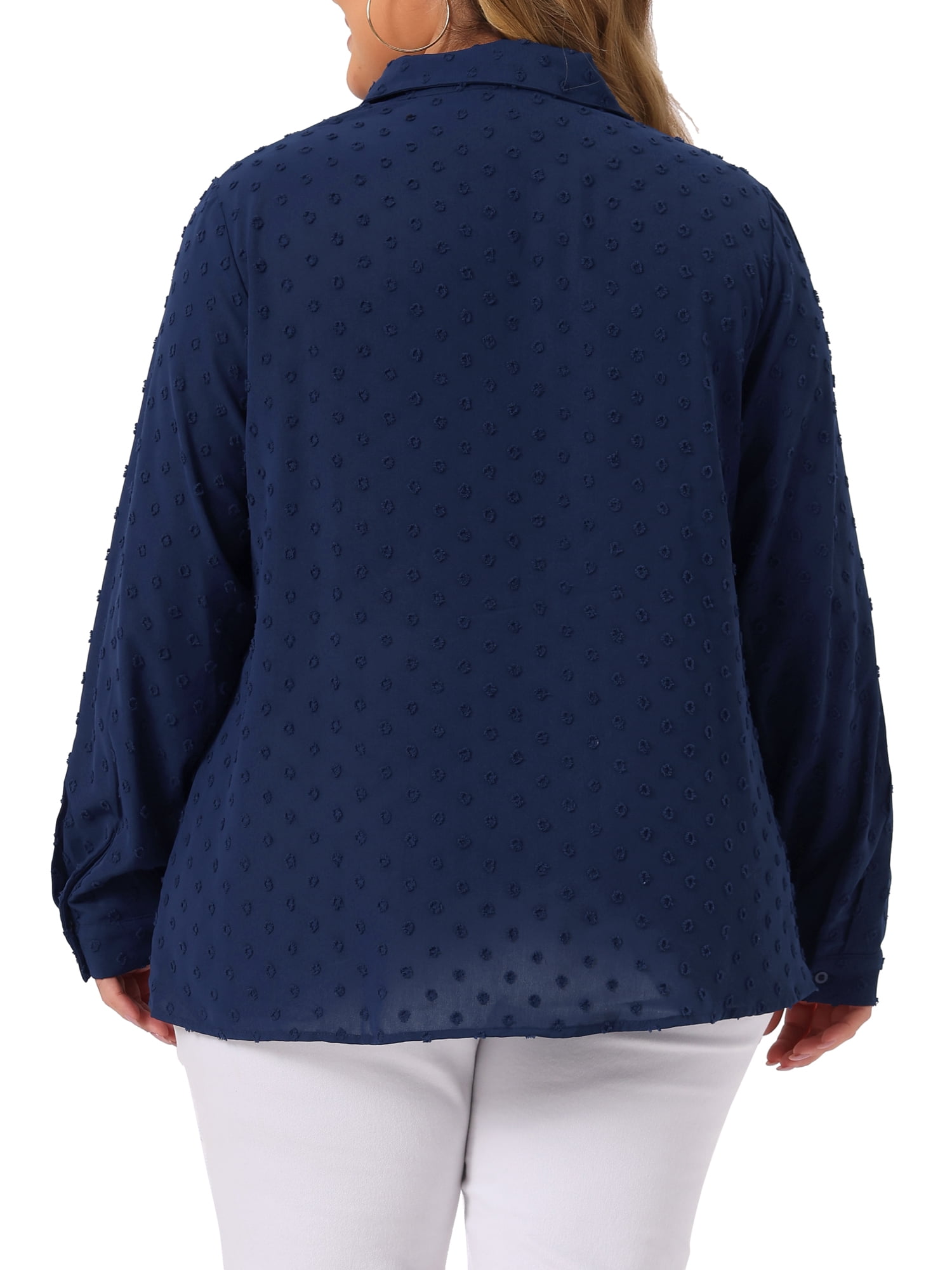 DARING DIVA Women's Plus Swiss Dots Button Down Collar Long Sleeve Tops 1X Navy Blue