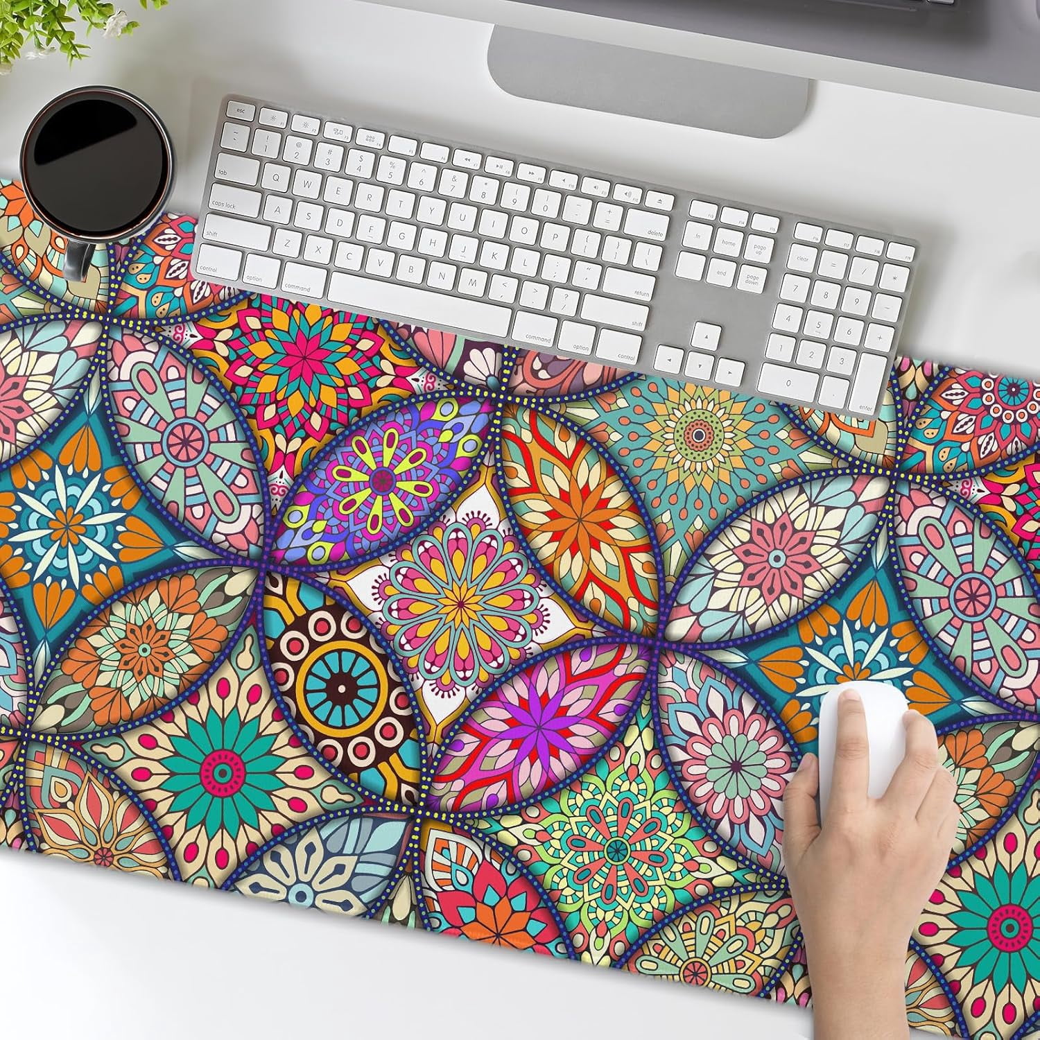 Colorful Mandala Gaming Mouse Pad XXL Pretty Boho Bohemian Extended Big Large Desk Mat Non-Slip Rubber Base Stitched Edge Long Keyboard Mousepad for PC Computer Laptop,35.4×15.7 in