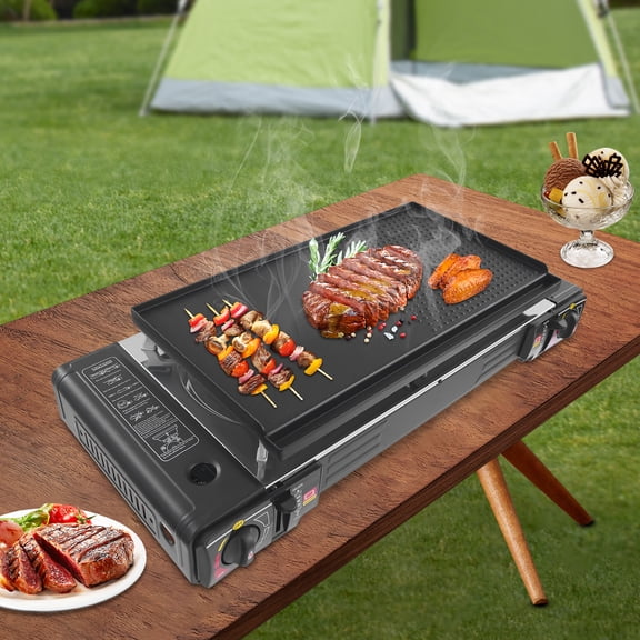 Black Iron 63x26cm Double-Ended Gas Barbecue Stove Portable Outdoor Camping Stove With Baking Tray Storage Box