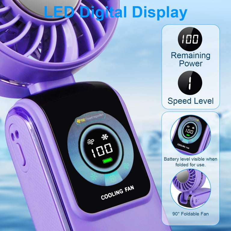 a portable handheld fan with a usb rechargeable led display and a base, adjustable to 90°, suitable for indoor and outdoor use, the office, bedroom, travel, and camping. - appliances - South Africa