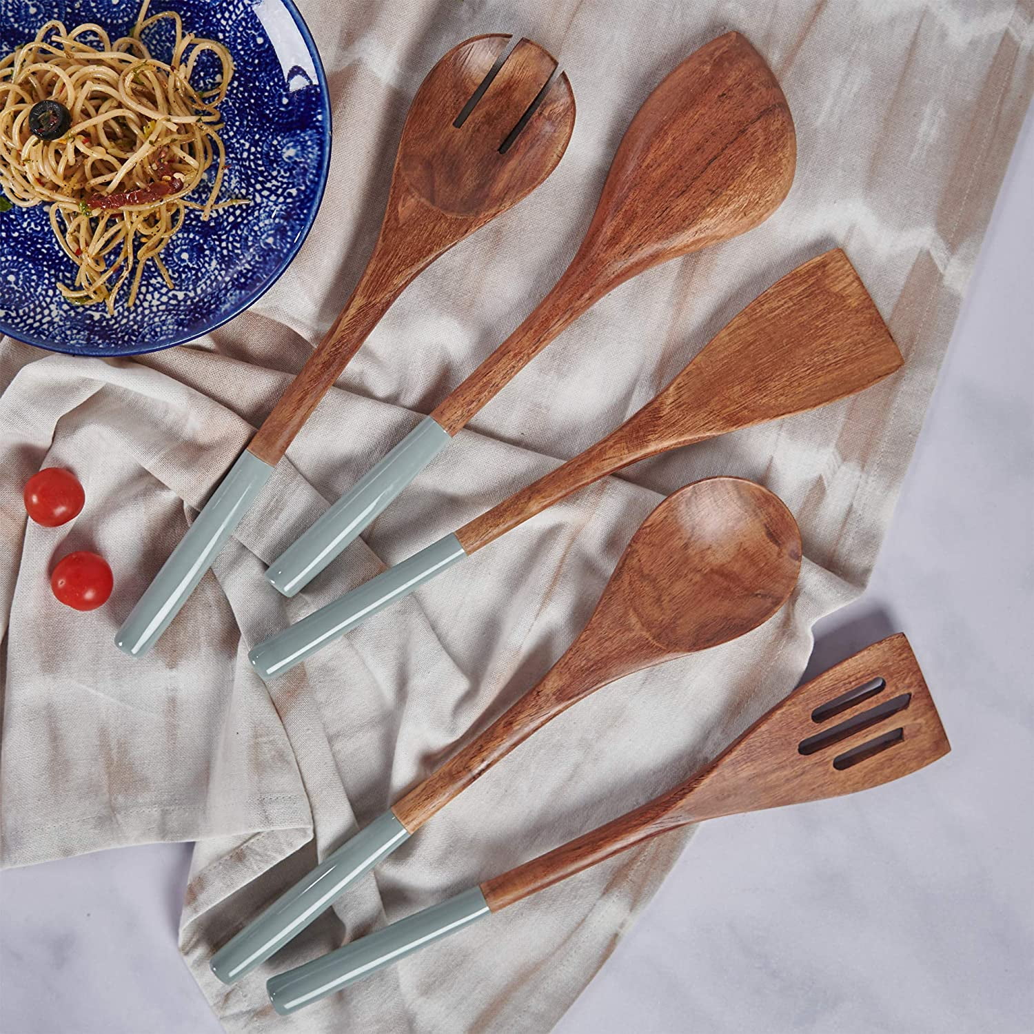 Folkulture Wooden Spoons for Cooking, Set of 5 Wooden Utensils for Cooking, Nonstick Wooden Cooking Utensils, Kitchen Utensil Sets with Wooden Spoon Sets and Wooden Spatula - Gray/Grey