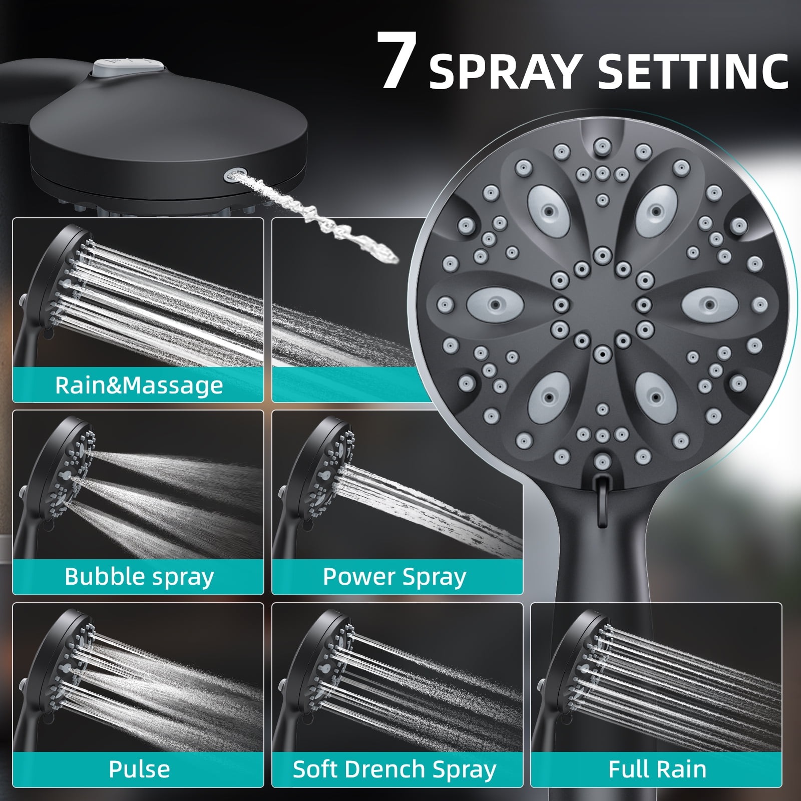 ROSYNEY 10 Inch Rain Shower Head with Handheld Spray, 7-Function Handheld Showerhead, Adjustable Metal Shower Extension Arm, Stainless Steel Hose, Matte Black