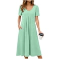 thumbnail image 3 of CFLVAEK Summer Dresses for Women with Pockets Elegant Pleated V Neck Dress Solid Short Sleeve Summer Dresses Green XL, 3 of 7
