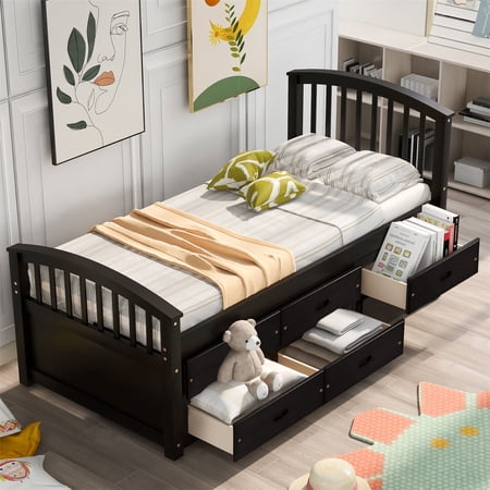 ASTARTH Twin Size Platform Storage Bed Solid Wood Bed with 6 Drawers Solid Wood Sofa Bed(Espresso)