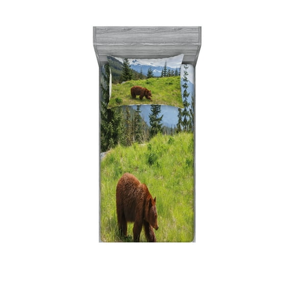 Ambesonne Bear Fitted Sheet & Pillow Sham Set, Fur Animal Nature Habitat, Twin, Green Brown