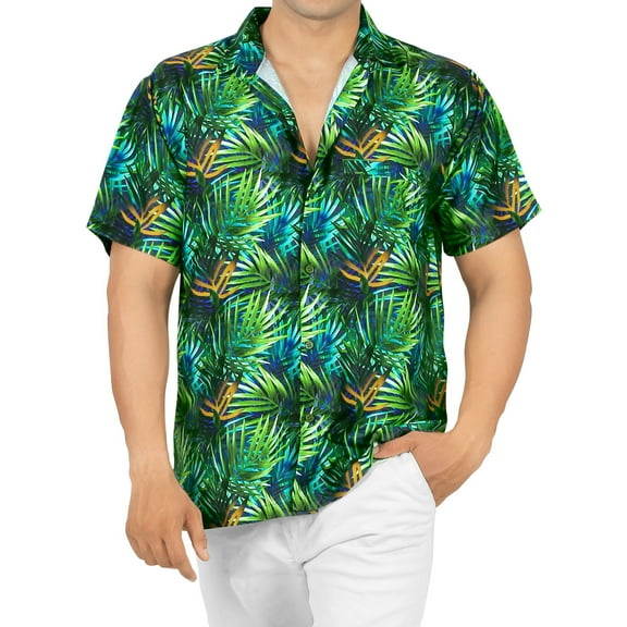 LA LEELA Men's Hawaiian Shirts Short Sleeve Button Down Shirt Mens Vacation Shirts Summer Beach Casual Shirts for Men Funny M Leaves, Green