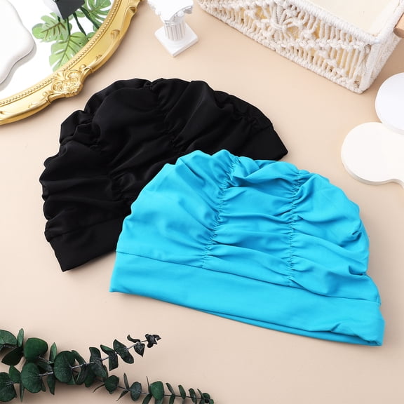Luxshiny 2Pcs Elastic Fabric Swim Caps with Pleated Design for Swimming Unisex Use Multicolor