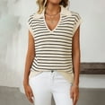 thumbnail image 2 of Cap Sleeve Tops for Women Casual V Neck Knit Sweater Vest Summer Striped Polo Shirts Fashion Sleeveless Blouses (XL, Beige), 2 of 6