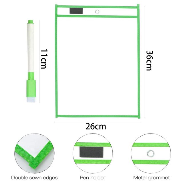 Pochettes Effaçables à Sec Réutilisables, Lot de 6 Pochettes Effaçables à Sec Réutilisables en Couleurs Assorties, en Matériau PET durable avec Bords Cousus Doubles. Chaque Poche Mesure 36 cm par 26 cm et Comprend un Oeillet Métallique pour Suspendre, un Porte-Stylo et un Marqueur Effaçable. Convient pour Protéger et Réutiliser des Feuilles de Travail dans les Salles de Classe Ou les Bureaux.