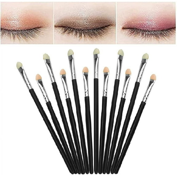 BUZIFU 12 PCS Eyeshadow Sponge Applicators 2 Size 15cm & 13cm Black Long Handle Eye Makeup Brush Set Double Color Sponge Oval Tip Eyeliner/Lip Brush Cosmetic Beauty Tool for Women Ladies