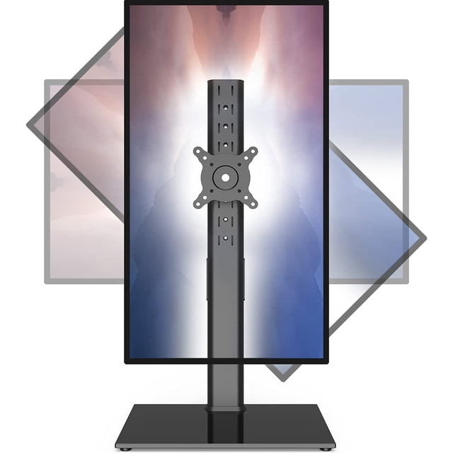 TEMOGU-Single Monitor Stand Freestanding 27-43 Inch Monitor Arm Curved Screen Monitor Mount Tempered Glass Base Adjustable Motion Tilt -15° to 10° Swivel ±45° Rotation 360° Weight Capacity 77lbs HT05