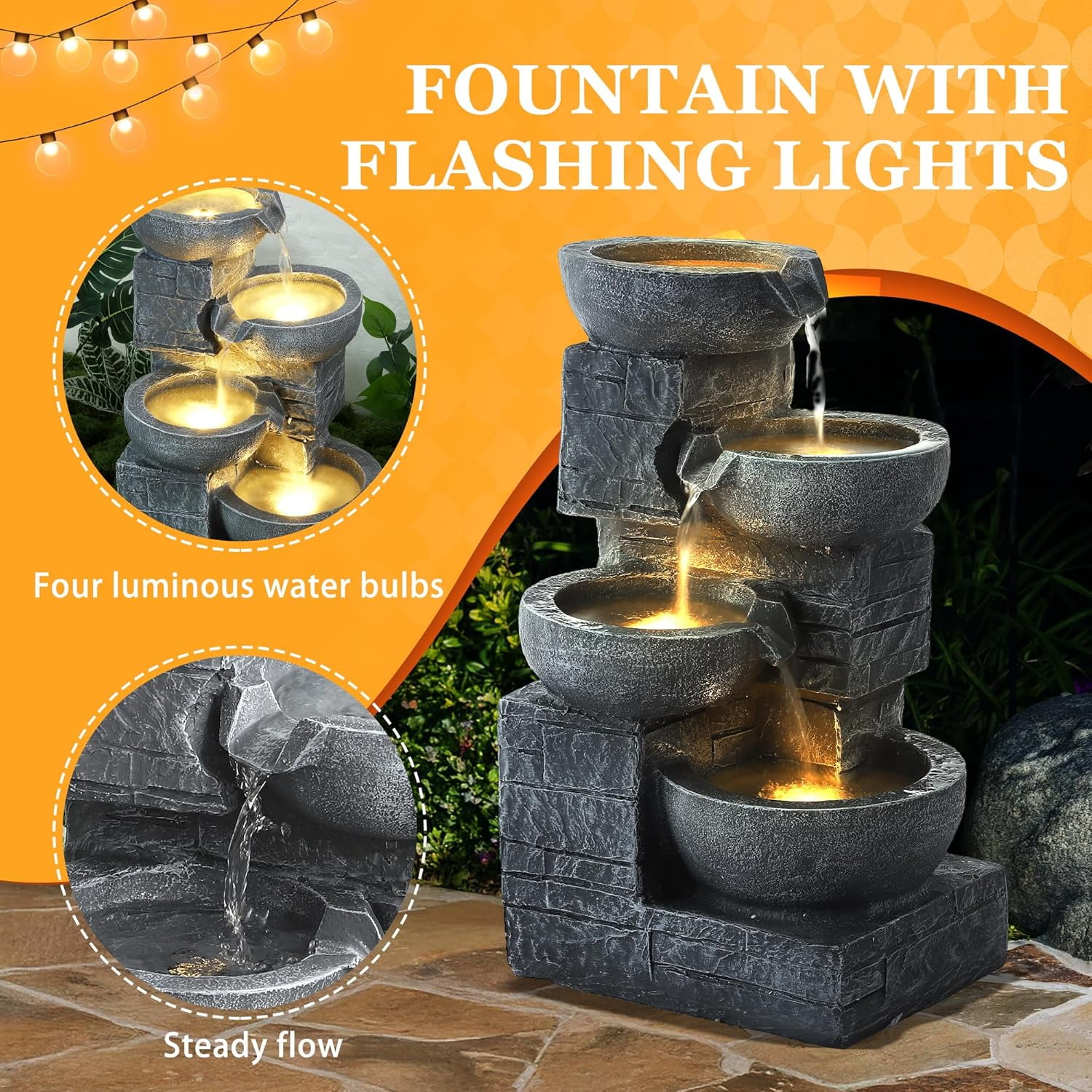 Haverchair 21.9" Outdoor Water Fountain with LED Lights, 4-Tier Bowl and Stacked Stones Garden Fountain, Modern Cascading Waterfall Fountains for Garden, Patio, Backyard, Porch and Home Decor