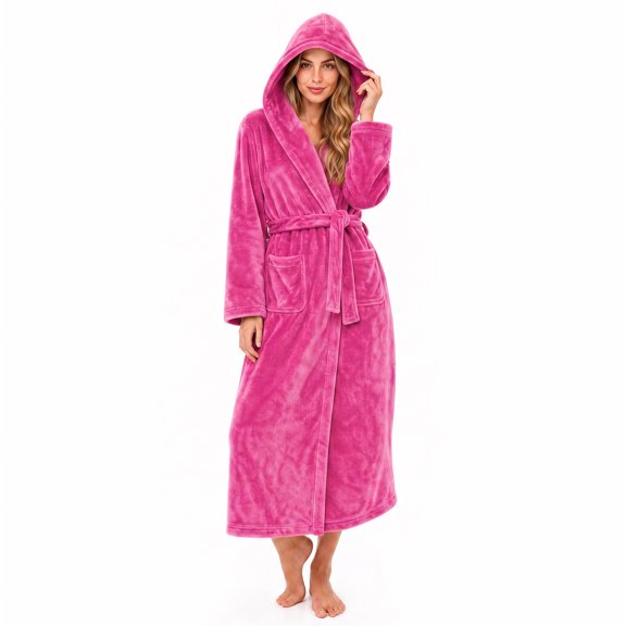 HEARTNICE Womens Recycled Fleece Hooded Robe, Soft Full Length Thick Plush Bathrobe House Coat,(Rose,L-XL)