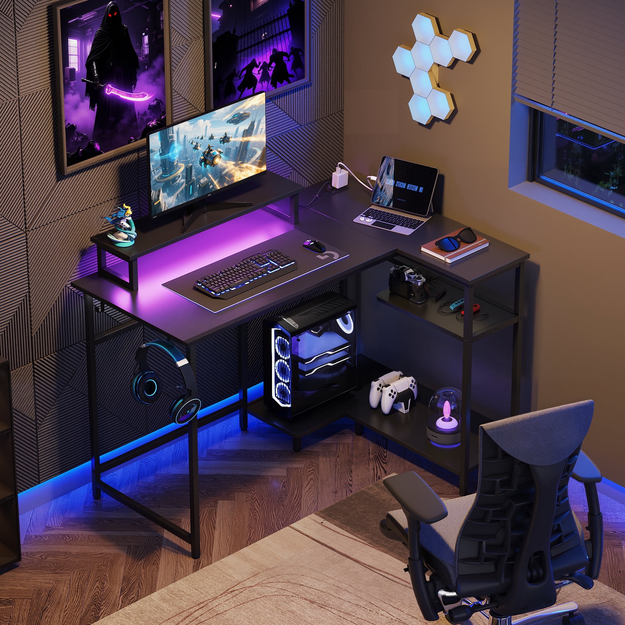 GALAXHERO 43 Inch L Shaped Gaming Desk with LED Lights & Power Outlets, Corner Desk for Small Spaces, Sturdy PC Computer Table with Storage for Home Office, Black