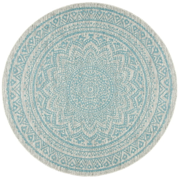 SAFAVIEH Courtyard Josiah Floral Medallion Indoor/Outdoor Area Rug, 6'7" x 6'7" Round, Light Grey/Aqua