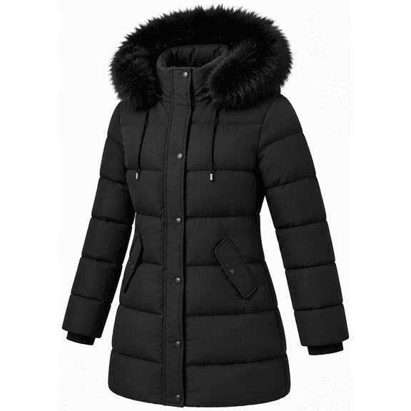 Women's Long Winter Coats Thicken Fleece Lined Parka Down Puffer Jacket With Faux Fur Detachable Hood, Black L