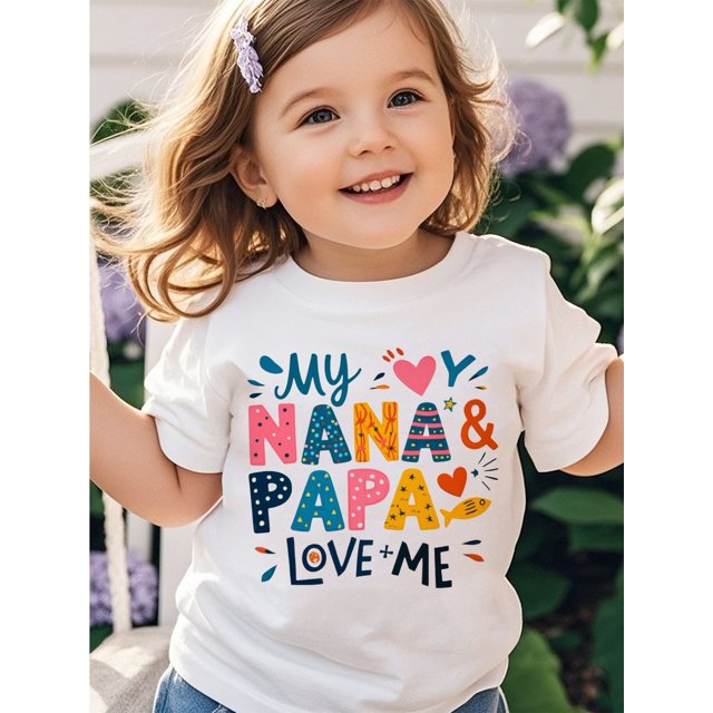 Girl'S T-shirt- Colorful Nana & Papa Love Me -100% Cotton, Casual Crew Neck, Short Sleeve, All-Season Knit Fabric Top, Everyday Children'S Clothing|Trendy Graphic Tee|Breathable Fabric, Tween Gir