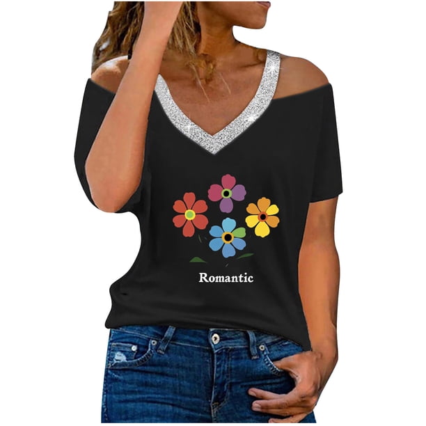 Camisetas Casuales para Mujeres Correa de Hombro de Verano Camiseta con Cuello en V, Manga Corta Top Ligero para el Hogar Y la Fiesta