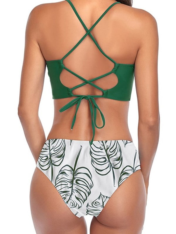 WHCREAT Womens Bikini Set Cross-Over Back Straps Padded Swimwear Floral Ruffled Two Piece Beach Bathing Suits 