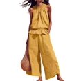 thumbnail image 2 of Women Summer 2 Piece Outfits Sleeveless Ruffle Top Wide Leg Pants Set with Pockets Yellow XXL, 2 of 8