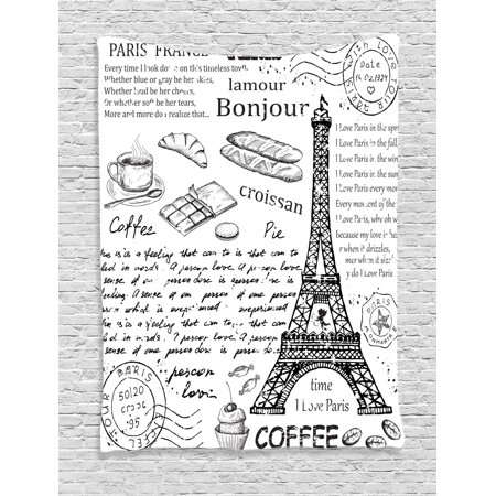 Paris Decor Wall Hanging Tapestry Traditional Famous Parisian Elements Bonjour Croissan Coffee Eiffel Tower Illustration Bedroom Living Room Dorm