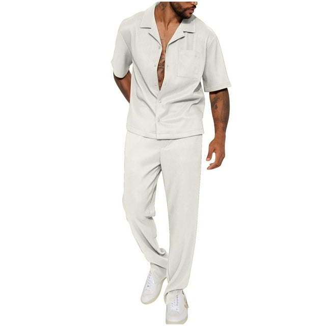 Blusa de Manga Corta Hombres de Moda Casual Sólido Turndown Top Blusas Traje Conjunto, Traje de Dos Piezas para Diario Y Casual