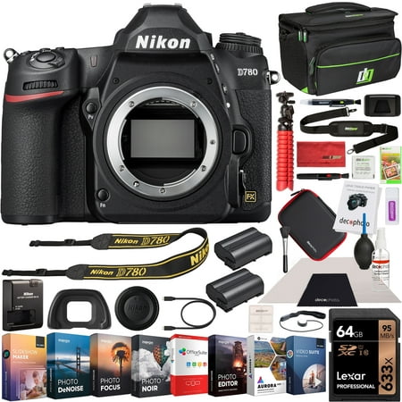 Nikon D780 Full Frame DSLR Digital SLR 4K FX Format Camera Body Bundle with Photo and Video Professional Editing Software Kit, Deco Gear Camera Bag, 2X Rechargeable Battery, 64GB Card & Accessories