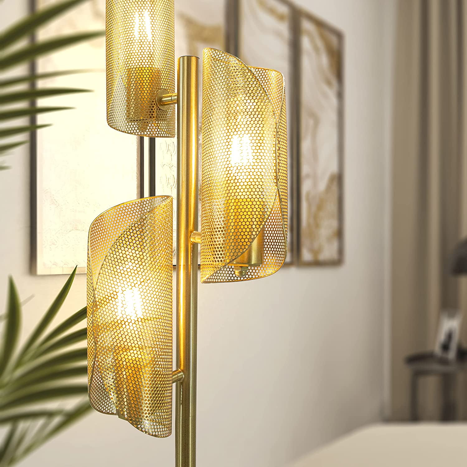 Brightech Lyra 71" LED Tree Floor Lamp for Mid-Century Modern, Contemporary, 3 Light Head Standing Lamp with Metal Cage Shade, Standing Pole Tall Lamp for Living Room, Bedroom - Brass