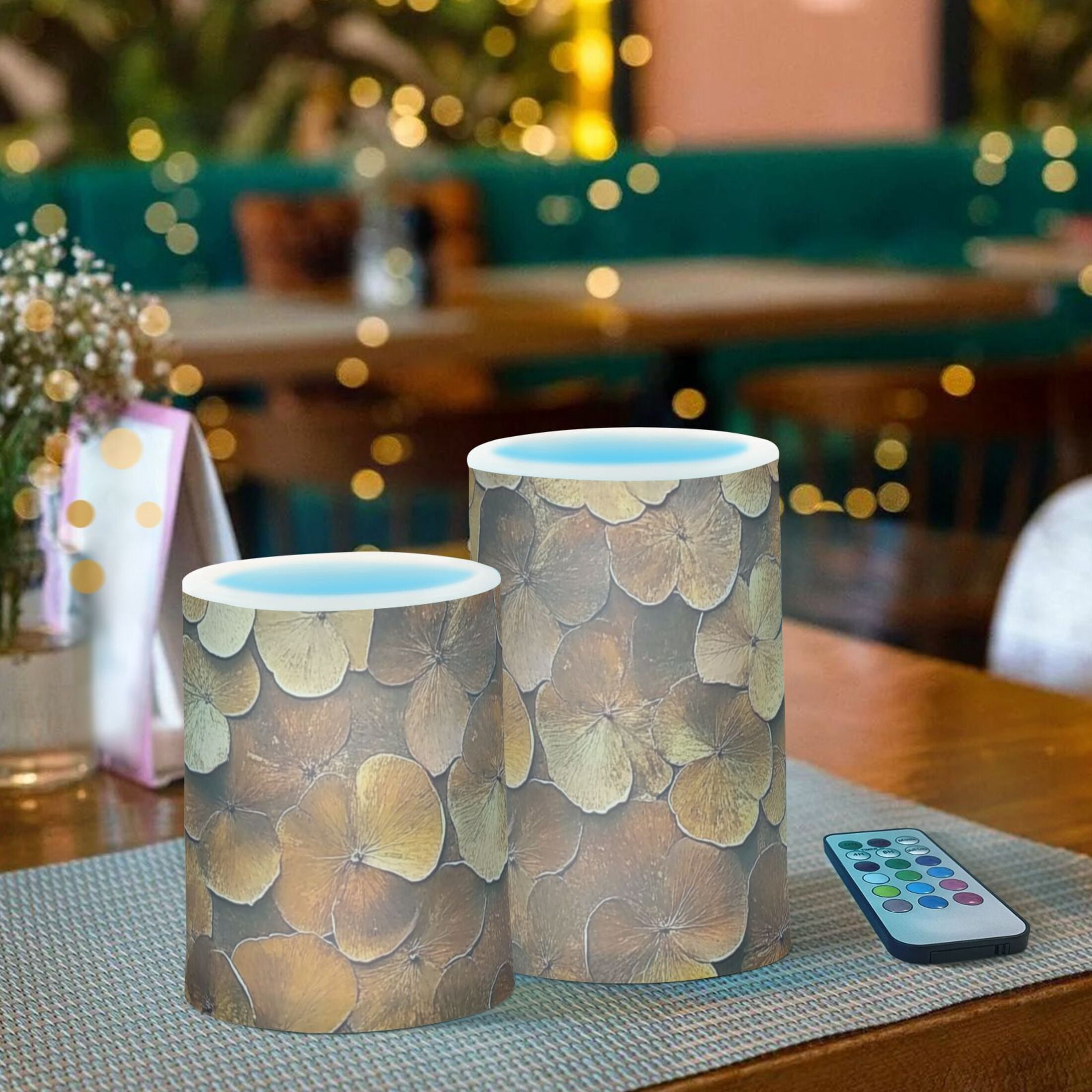Brown Three Leaf Flickering Flameless Candles Battery Operated with Remote Timer LED Pillar Candles Set of 2