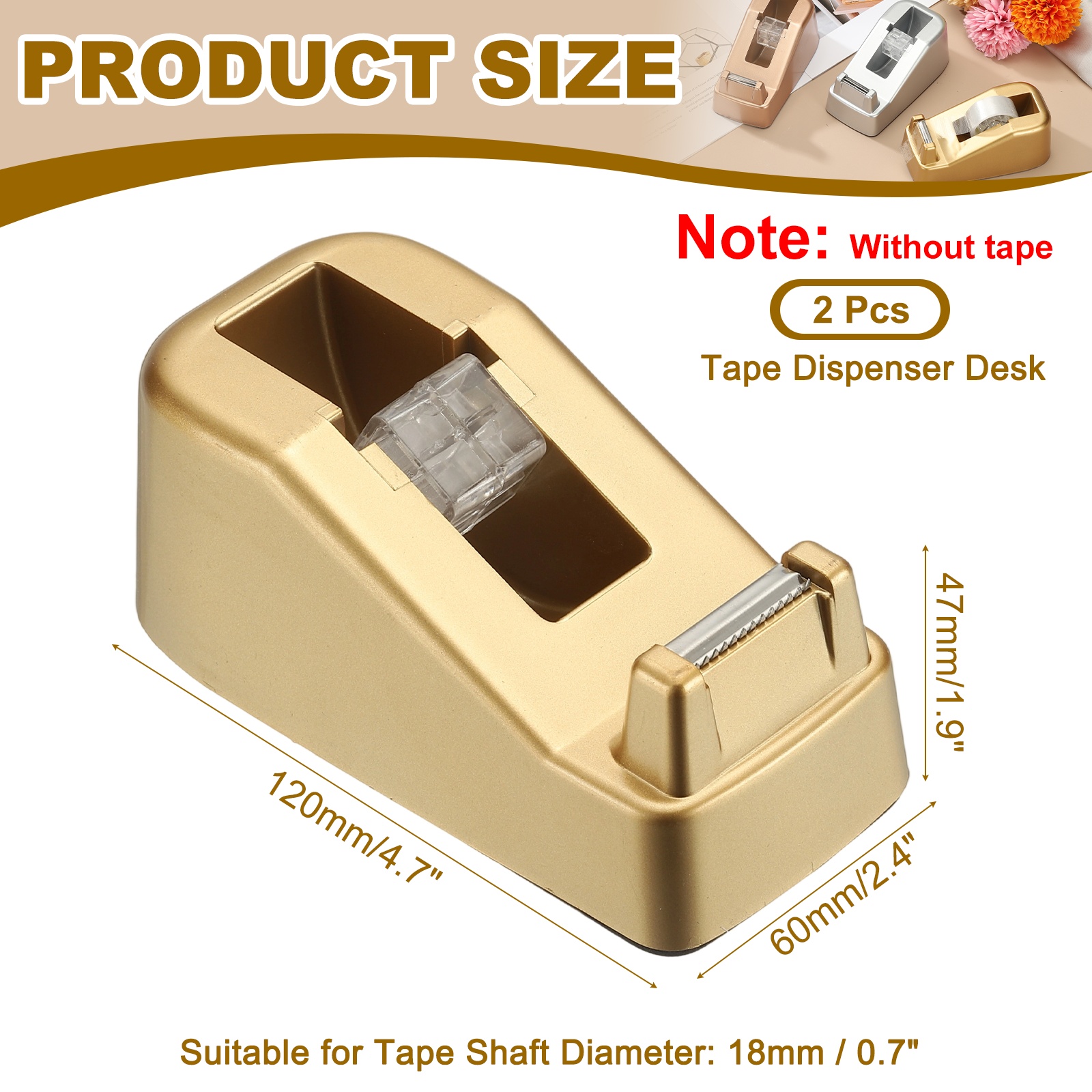 2pcs Tape Dispenser Desk, Heavy Duty Tape Dispenser Desktop Light Luxury Frosted Dispensers Holder Non-Skid Base Elegant for Home Office Desktop Small Business Gift, Gold