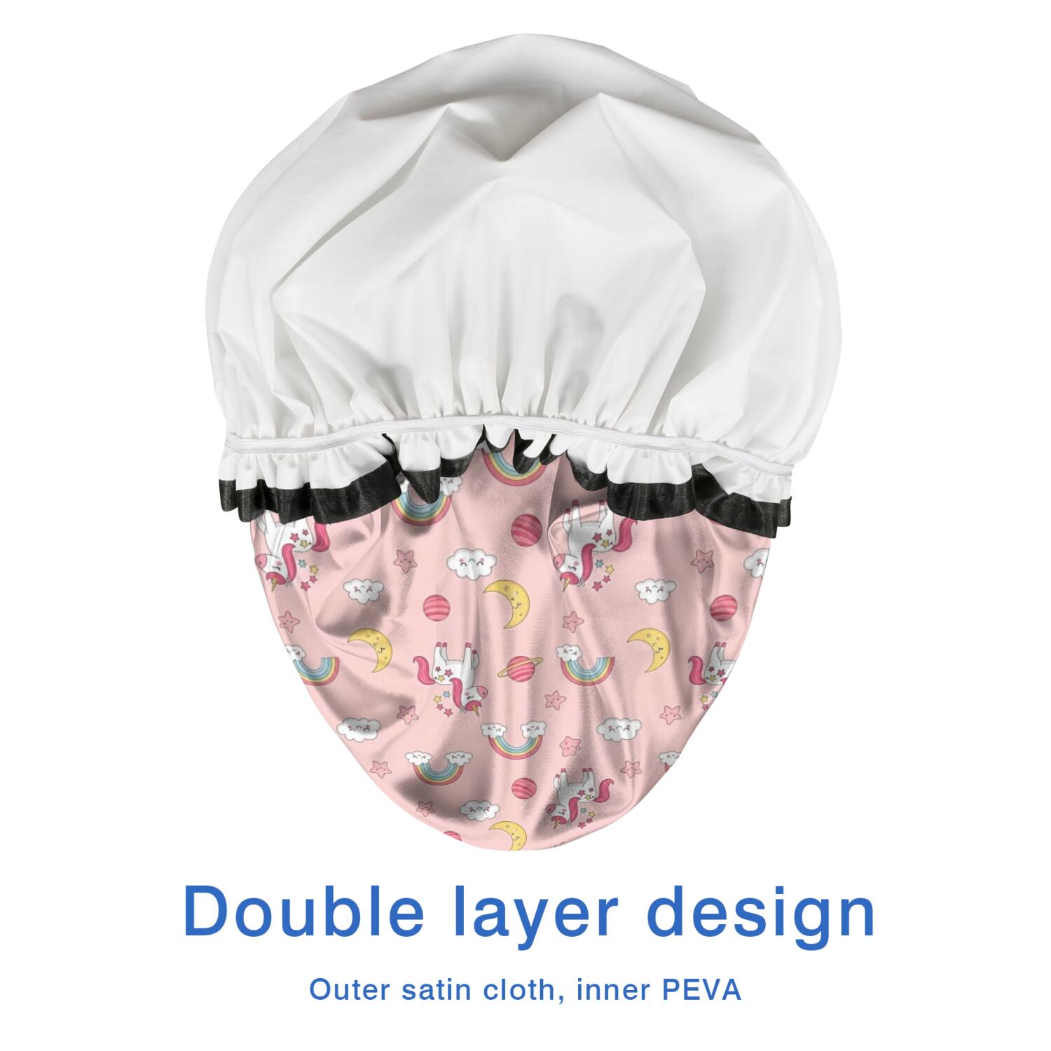 Shower Caps,Pink Cartoon Unicorn Rainbow Cloud Moon Planet Waterproof Shower Cap for Women 4 Pieces,Double Reusable Hair Cover for Shower PEVA Elastic Stretch Hem