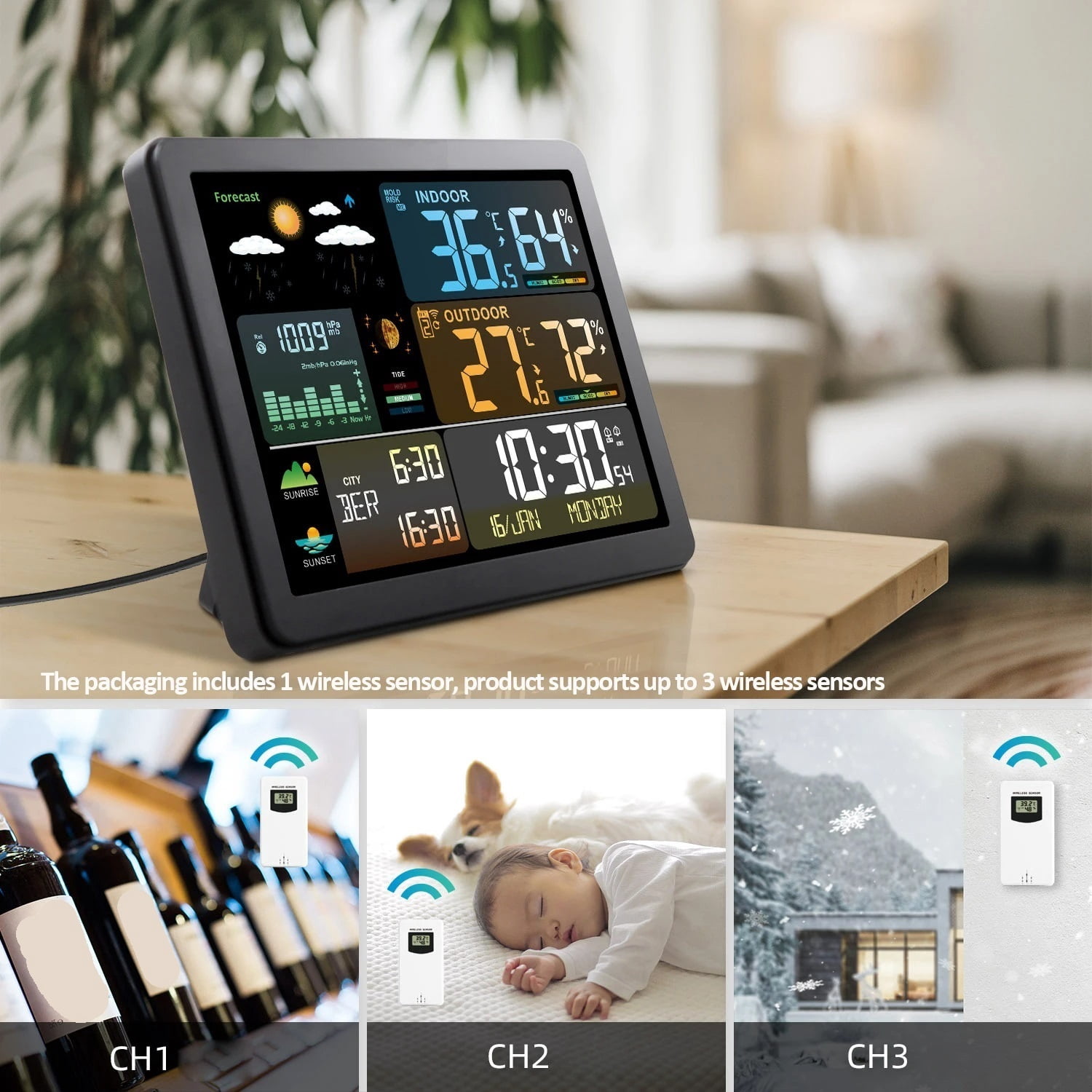 Digital Weather Station Clock Indoor Outdoor Temperature and Humidity Meter Weather Forecast